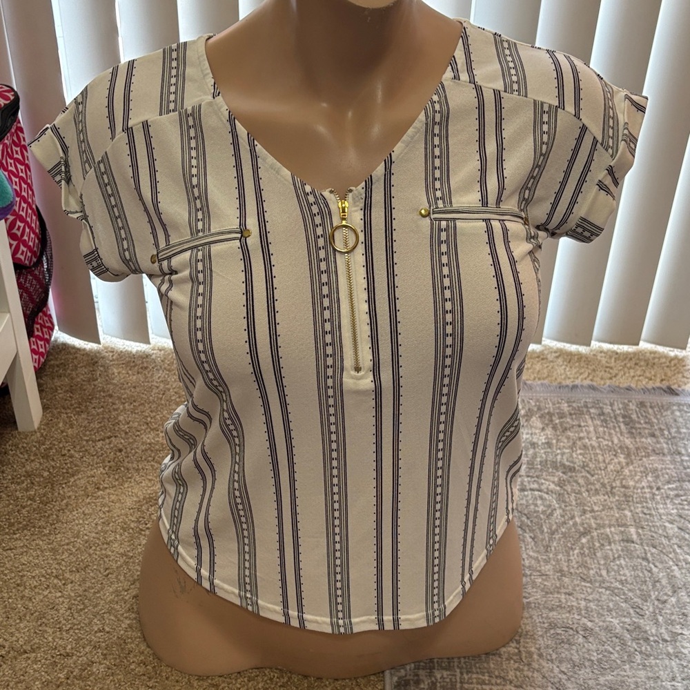 feathers White and Navy Striped V-Neck Top with Gold Ring Zip